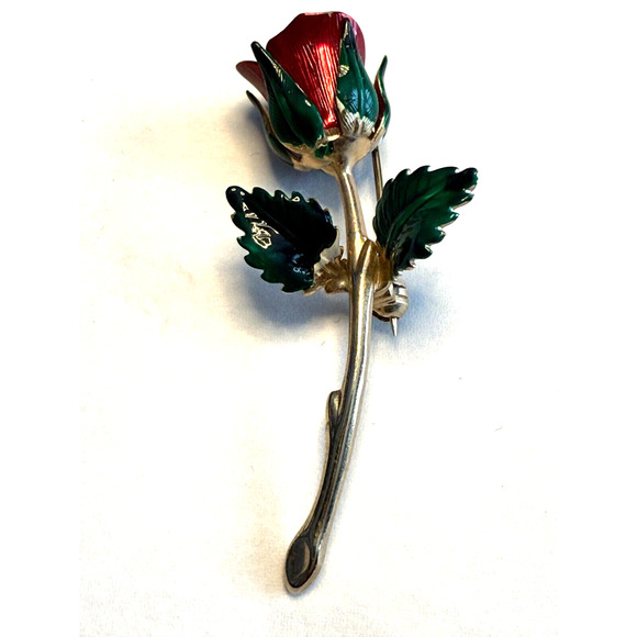 Vintage Red and Green Enamel Long Rose Stem on Gold-Tone Brooch Pin Floral - Picture 5 of 5